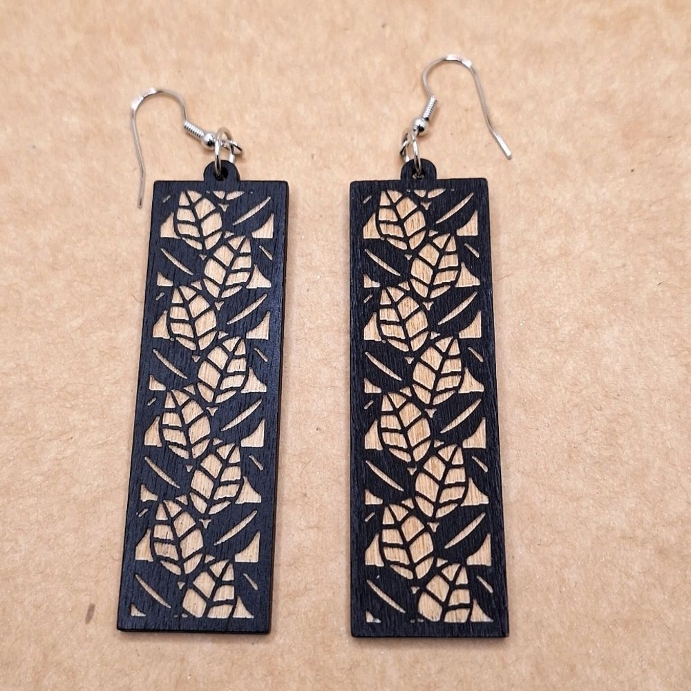 Plant leaf engraved earrings rectangle long wood lightweight earrings